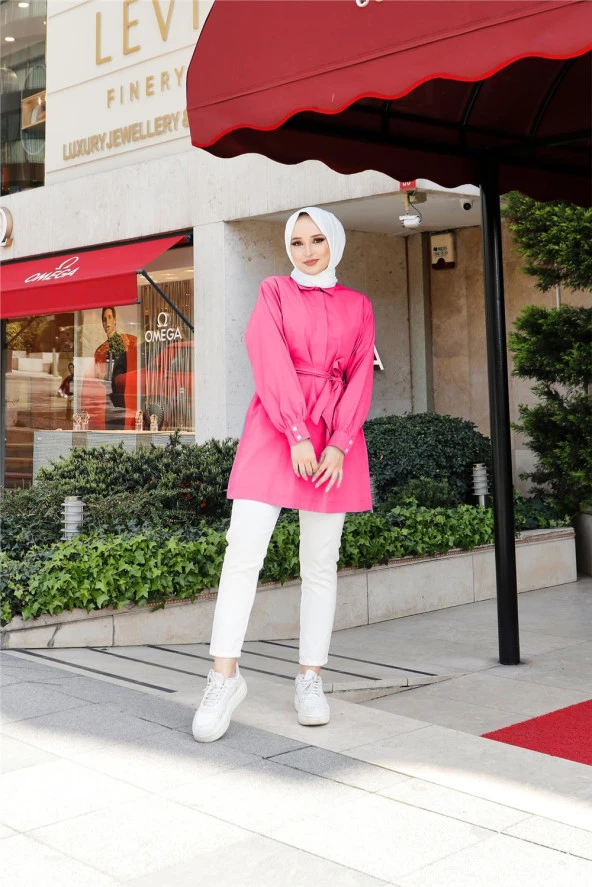 Düşes Kuşak Detaylı Belden Bağlamalı Uzun Gömlek - 71090.025 - Fuşya - 2