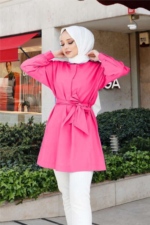 Düşes Kuşak Detaylı Belden Bağlamalı Uzun Gömlek - 71090.025 - Fuşya - 4