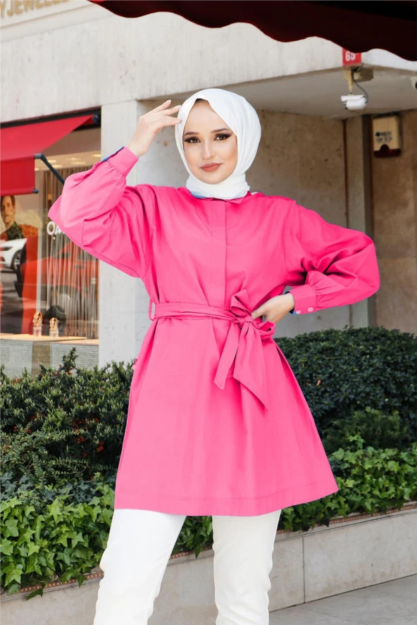 Düşes Kuşak Detaylı Belden Bağlamalı Uzun Gömlek - 71090.025 - Fuşya - 5