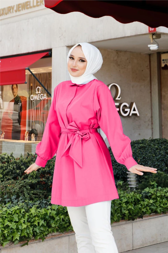 Düşes Kuşak Detaylı Belden Bağlamalı Uzun Gömlek - 71090.025 - Fuşya - 7