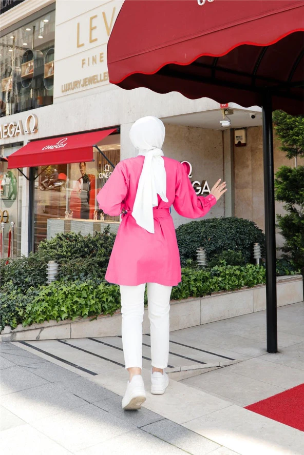 Düşes Kuşak Detaylı Belden Bağlamalı Uzun Gömlek - 71090.025 - Fuşya - 8