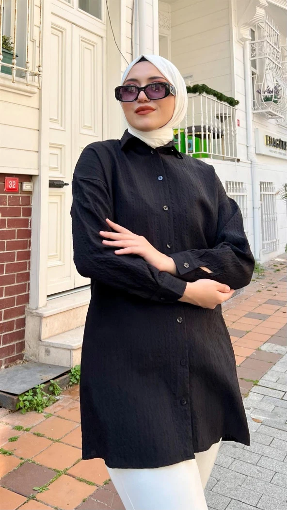 Arya Kumaşı Kendinden Detaylı Gömlek - 71124.003 - Siyah - 2