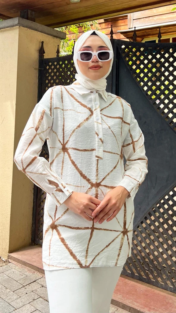 Hera Kumaşı Kendinden Detaylı Gömlek - 71123.300 - Krem - Kahverengi