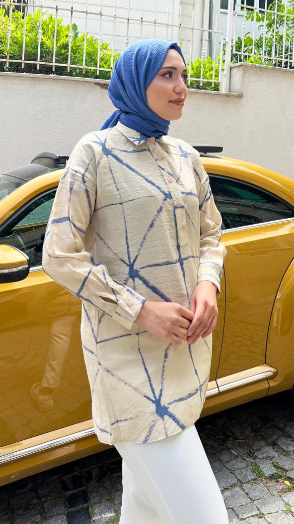 Hera Kumaşı Kendinden Detaylı Gömlek - 71123.304 - Bej - Lacivert