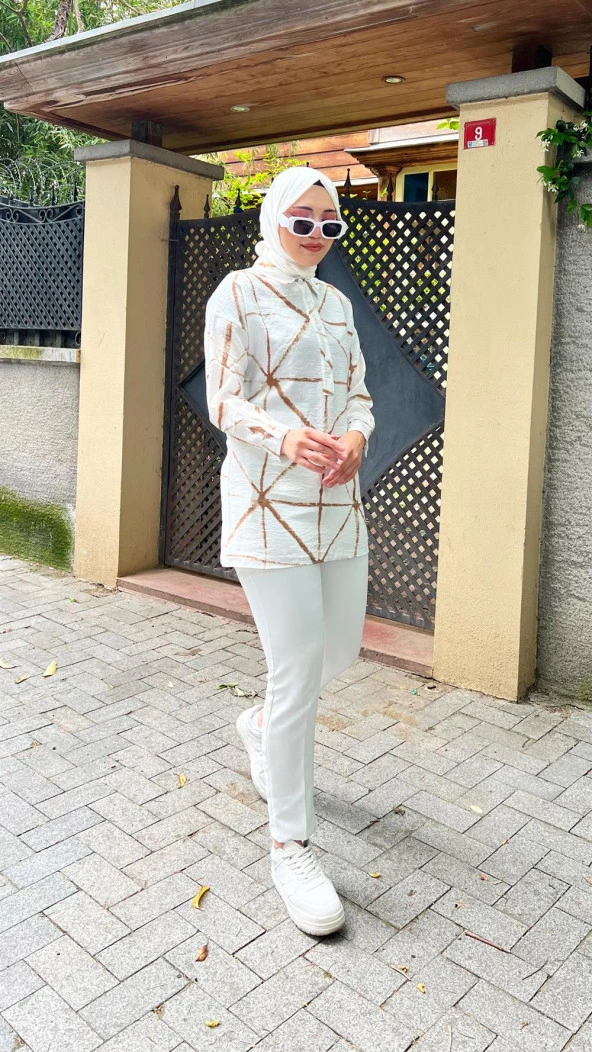 Hera Kumaşı Kendinden Detaylı Gömlek - 71123.300 - Krem - Kahverengi - 3