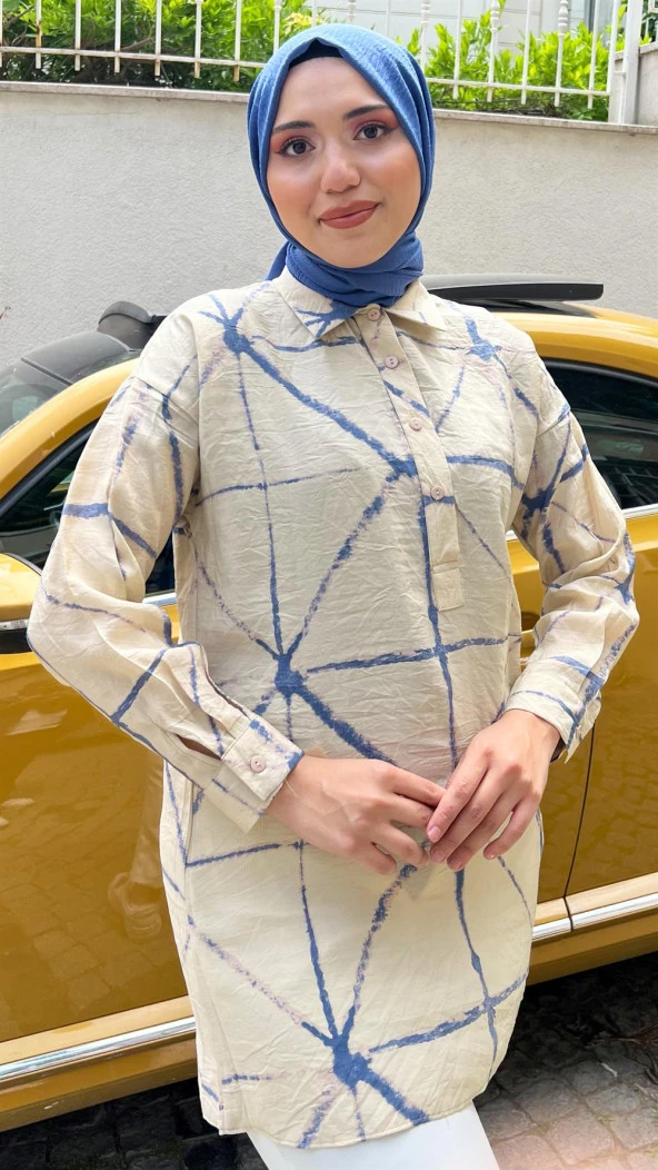 Hera Kumaşı Kendinden Detaylı Gömlek - 71123.304 - Bej - Lacivert - 2