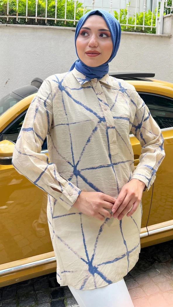 Hera Kumaşı Kendinden Detaylı Gömlek - 71123.304 - Bej - Lacivert - 3