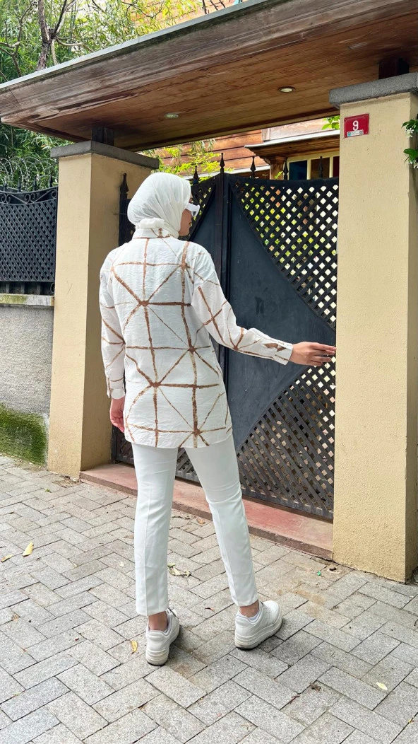 Hera Kumaşı Kendinden Detaylı Gömlek - 71123.300 - Krem - Kahverengi - 4