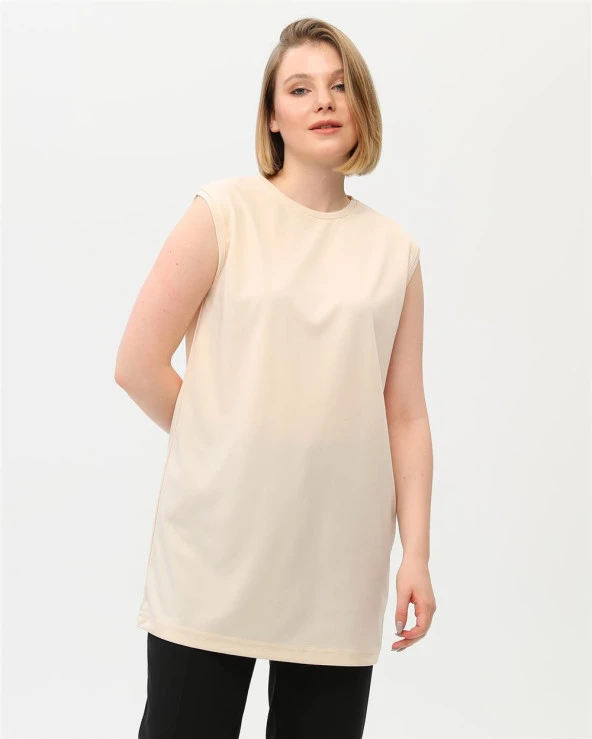 Sude Bisiklet Yaka Kolsuz Sade Basic Bluz - 06038.023 - Krem