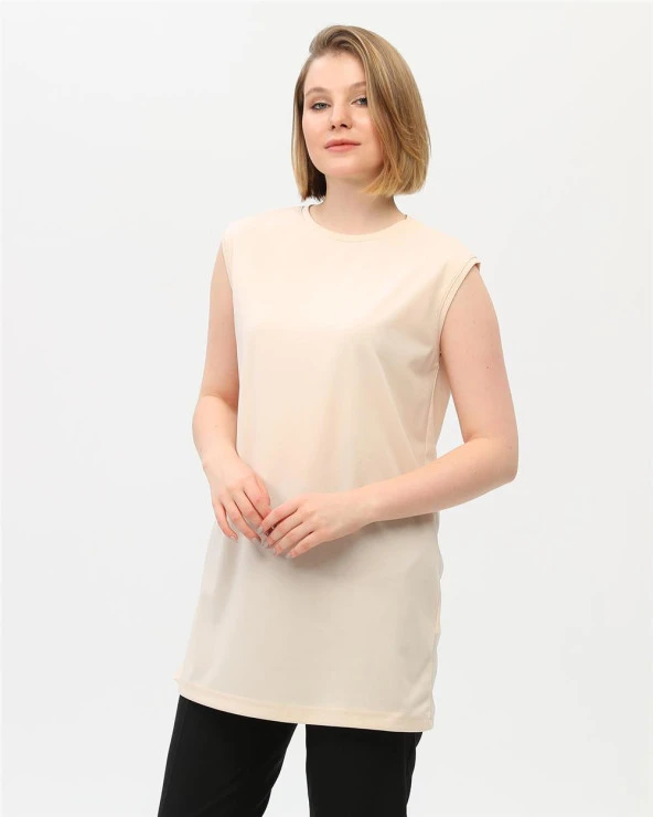 Sude Bisiklet Yaka Kolsuz Sade Basic Bluz - 06038.023 - Krem - 2