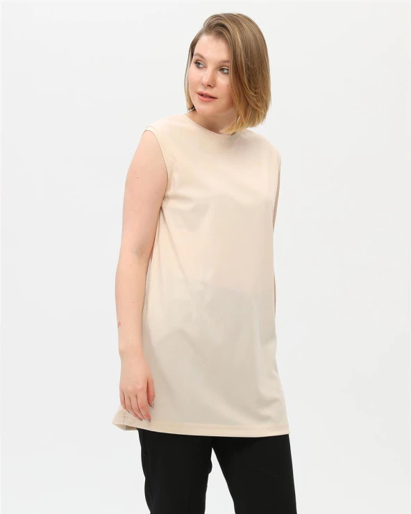 Sude Bisiklet Yaka Kolsuz Sade Basic Bluz - 06038.023 - Krem - 3