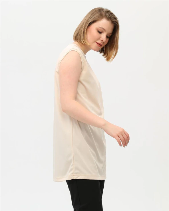 Sude Bisiklet Yaka Kolsuz Sade Basic Bluz - 06038.023 - Krem - 4