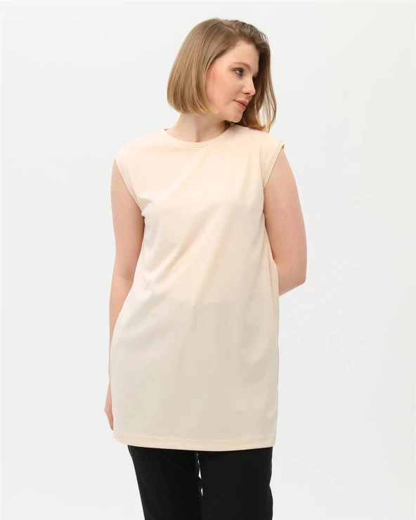 Sude Bisiklet Yaka Kolsuz Sade Basic Bluz - 06038.023 - Krem - 5
