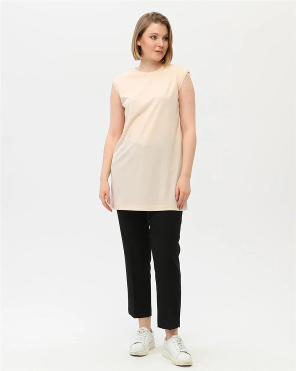 Sude Bisiklet Yaka Kolsuz Sade Basic Bluz - 06038.023 - Krem - 8