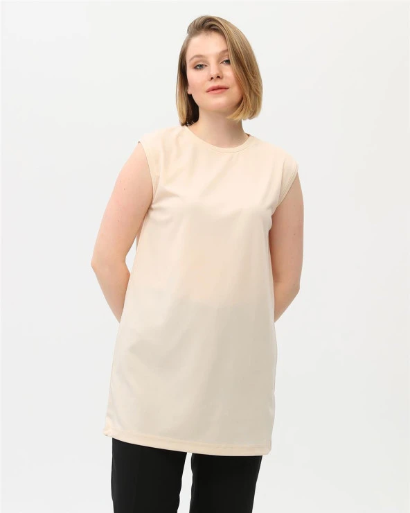 Sude Bisiklet Yaka Kolsuz Sade Basic Bluz - 06038.023 - Krem - 9