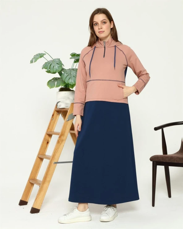 Sıla Kapüşon Detaylı Çift Renk Sweat Elbise - 71042.006 - İndigo