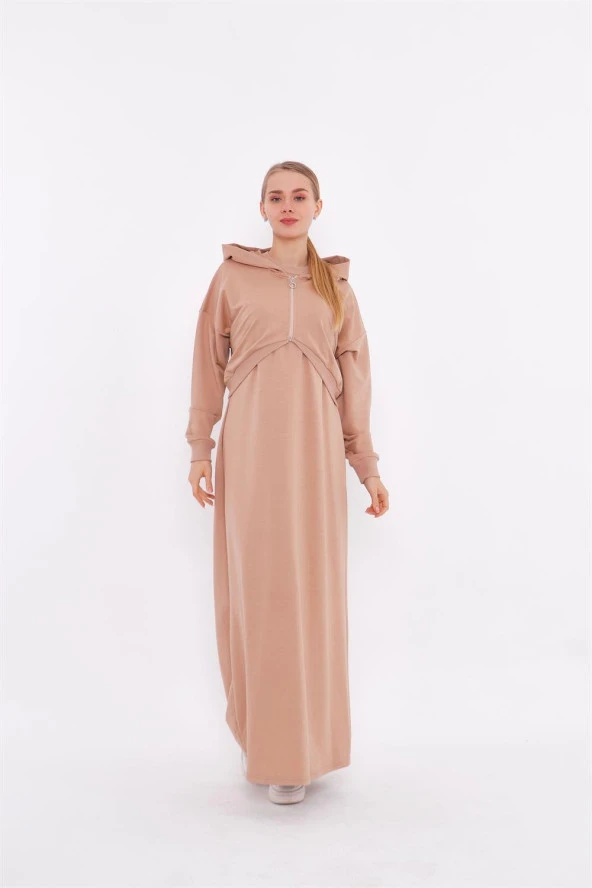 Eflatun Cepkenli Yarım Fermuarlı Elbise - 71046.026 - Bej