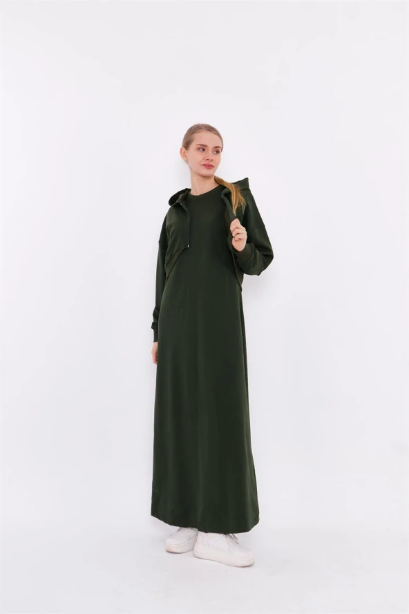 Eflatun Cepkenli Yarım Fermuarlı Elbise - 71046.005 - Haki - 2