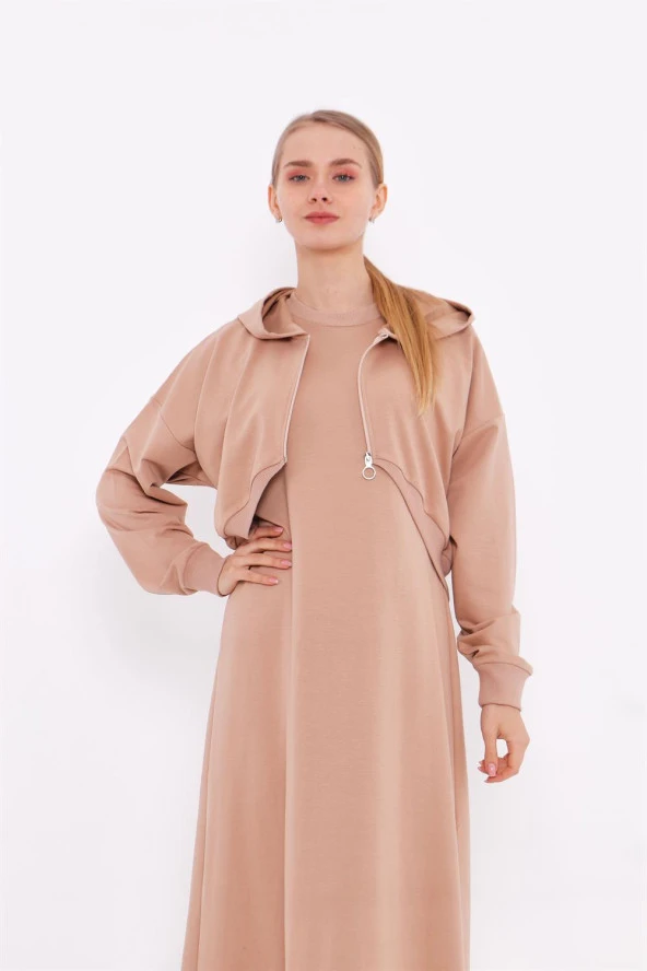 Eflatun Cepkenli Yarım Fermuarlı Elbise - 71046.026 - Bej - 5