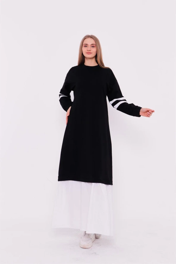 Gupse Kolları Şeritli Eteği Detaylı Spor Elbise - 71079.003 - Siyah