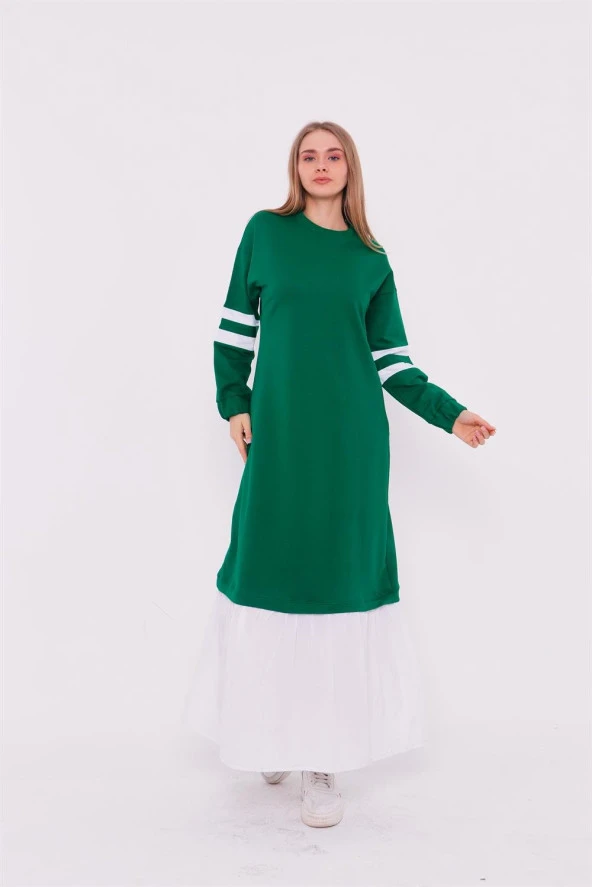 Gupse Kolları Şeritli Eteği Detaylı Spor Elbise - 71079.111 - Benetton Yeşil