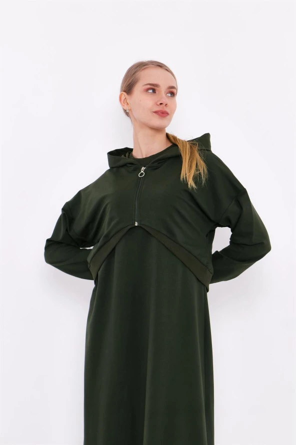 Eflatun Cepkenli Yarım Fermuarlı Elbise - 71046.005 - Haki - 3