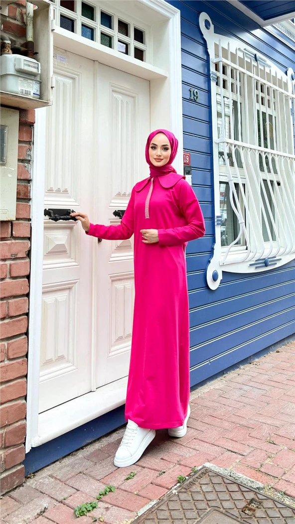 Cennet Taş Detaylı Yakalı Elbise - 71148.025 - Fuşya