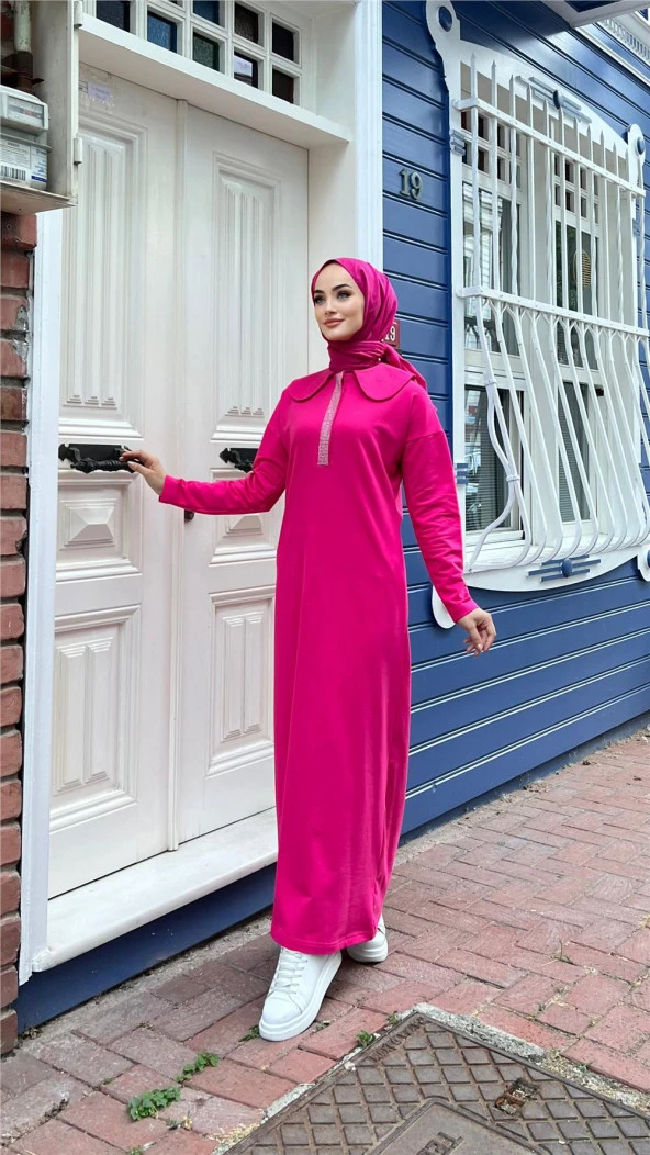 Cennet Taş Detaylı Yakalı Elbise - 71148.025 - Fuşya - 4