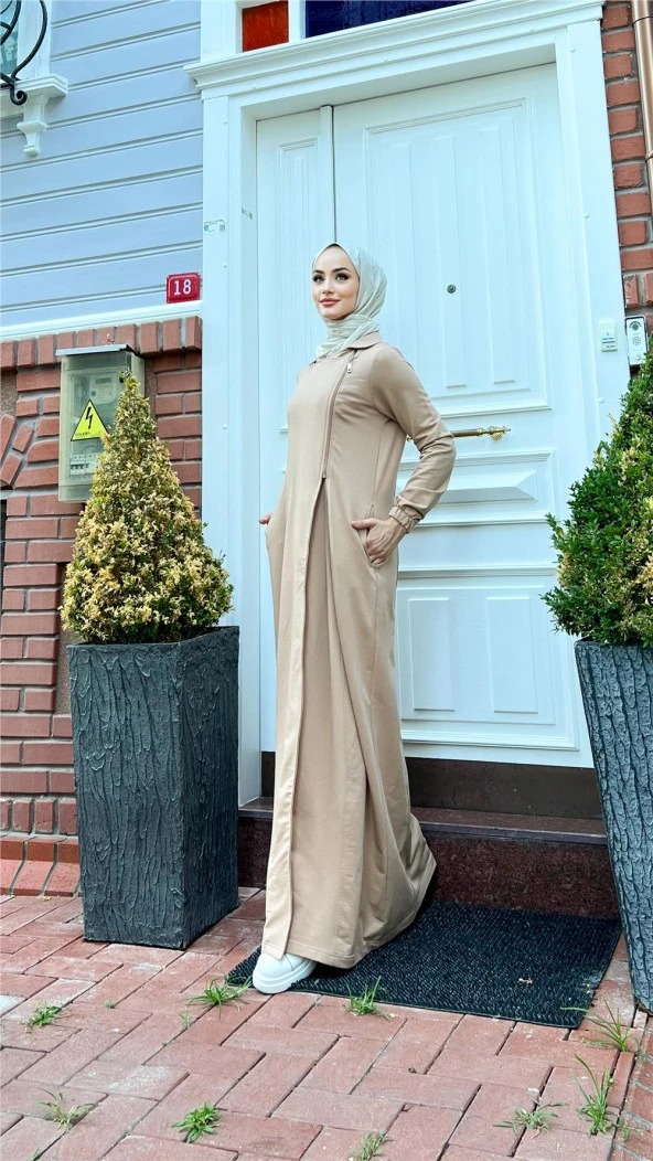 Öykü Yarım Fermuar Detaylı Uzun Tesettür Elbise - 71140.026 - Bej - 3