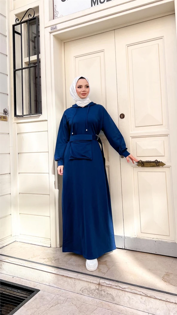 Kapşonlu Seyyar Cepli Pamuklu Elbise - 71169.006 - İndigo