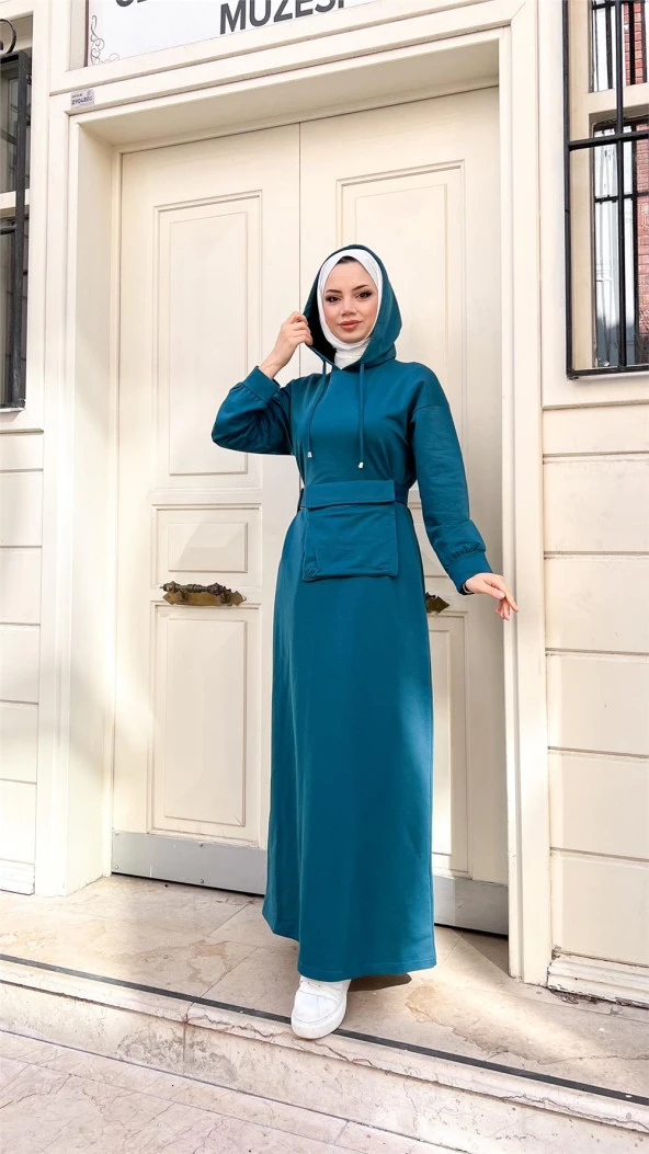 Kapşonlu Seyyar Cepli Pamuklu Elbise - 71169.033 - Petrol - 2