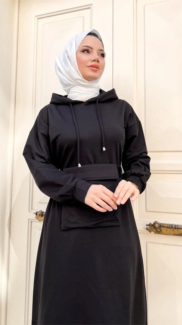 Kapşonlu Seyyar Cepli Pamuklu Elbise - 71169.003 - Siyah - 3