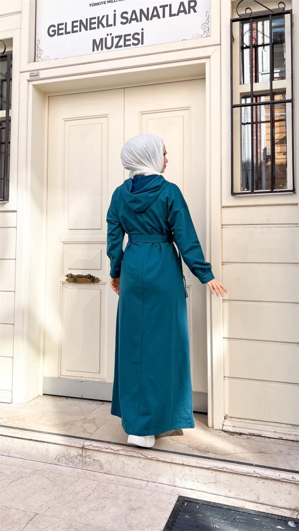 Kapşonlu Seyyar Cepli Pamuklu Elbise - 71169.033 - Petrol - 3