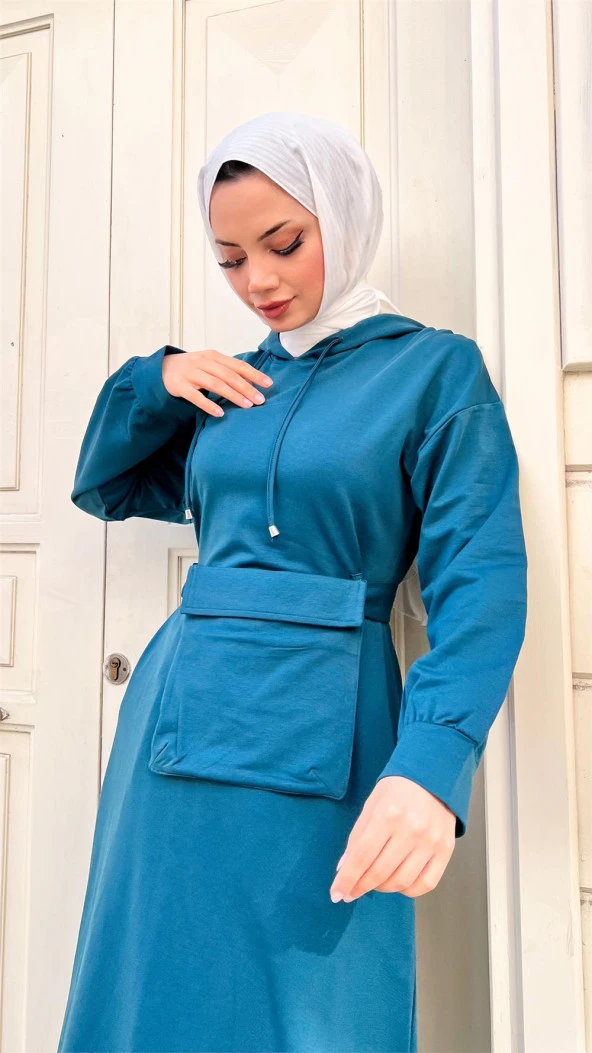 Kapşonlu Seyyar Cepli Pamuklu Elbise - 71169.033 - Petrol - 4