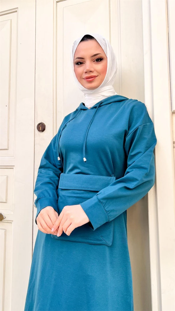 Kapşonlu Seyyar Cepli Pamuklu Elbise - 71169.033 - Petrol - 5