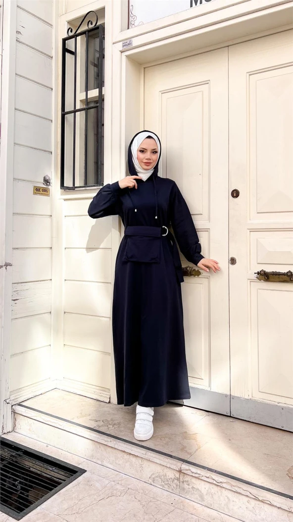 Kapşonlu Seyyar Cepli Pamuklu Elbise - 71169.015 - Lacivert - 7