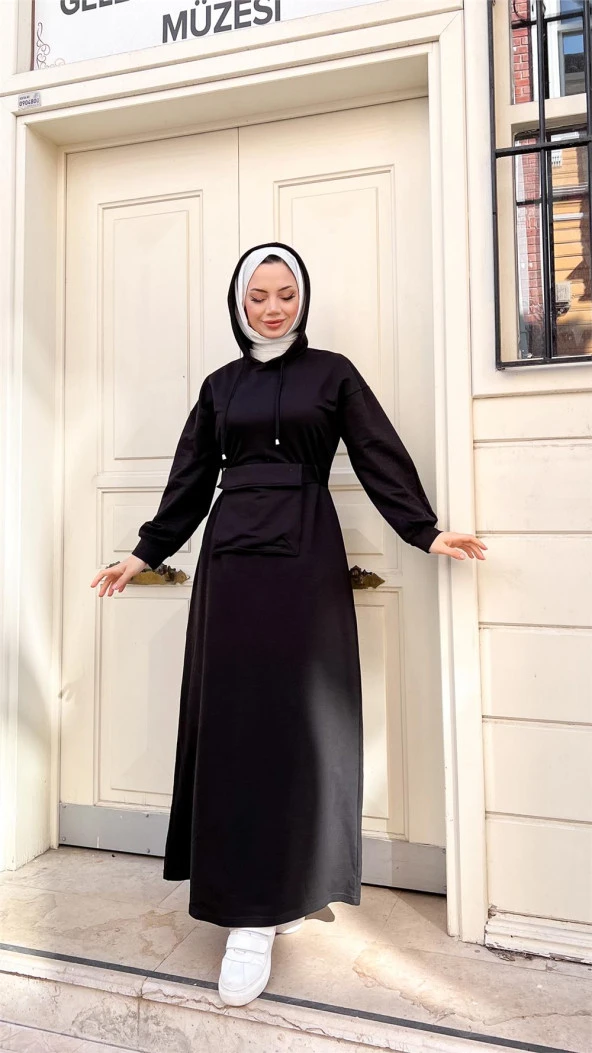 Kapşonlu Seyyar Cepli Pamuklu Elbise - 71169.003 - Siyah - 8