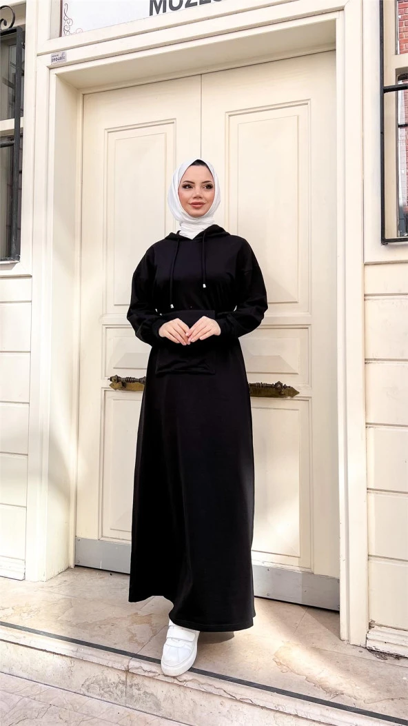 Kapşonlu Seyyar Cepli Pamuklu Elbise - 71169.003 - Siyah - 9