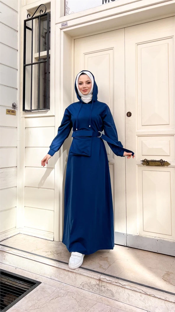 Kapşonlu Seyyar Cepli Pamuklu Elbise - 71169.006 - İndigo - 6