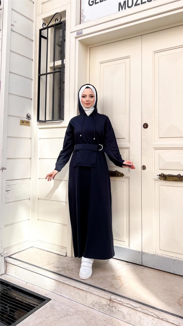 Kapşonlu Seyyar Cepli Pamuklu Elbise - 71169.015 - Lacivert - 11