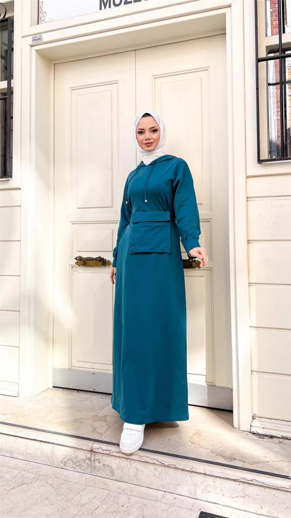 Kapşonlu Seyyar Cepli Pamuklu Elbise - 71169.033 - Petrol - 6