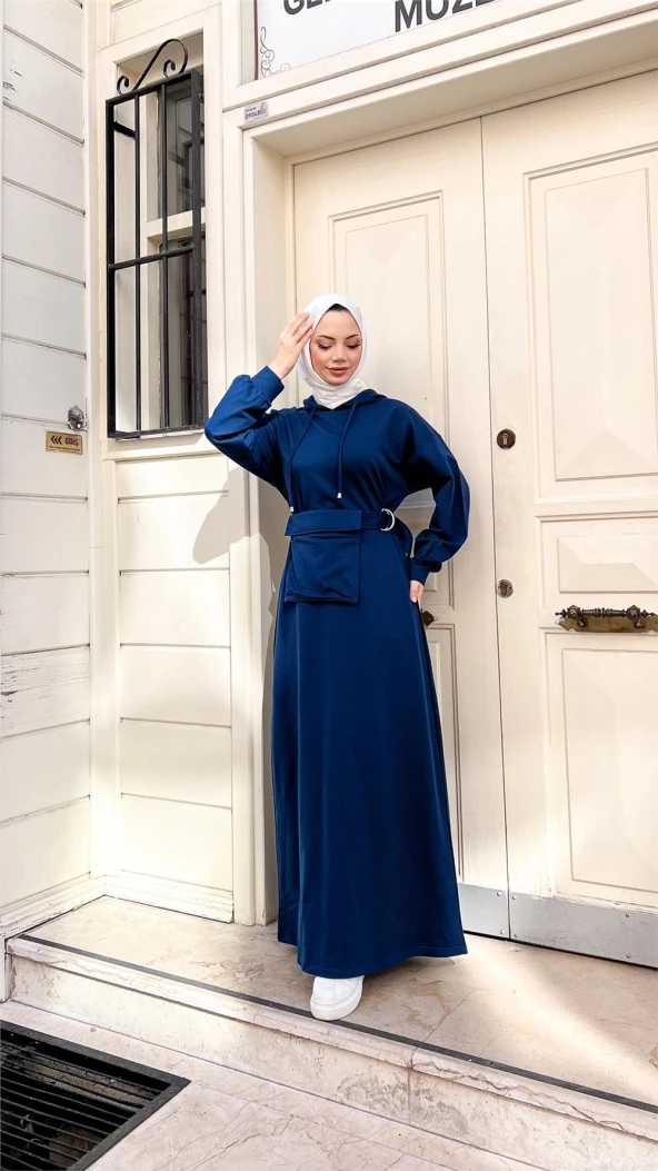 Kapşonlu Seyyar Cepli Pamuklu Elbise - 71169.006 - İndigo - 7