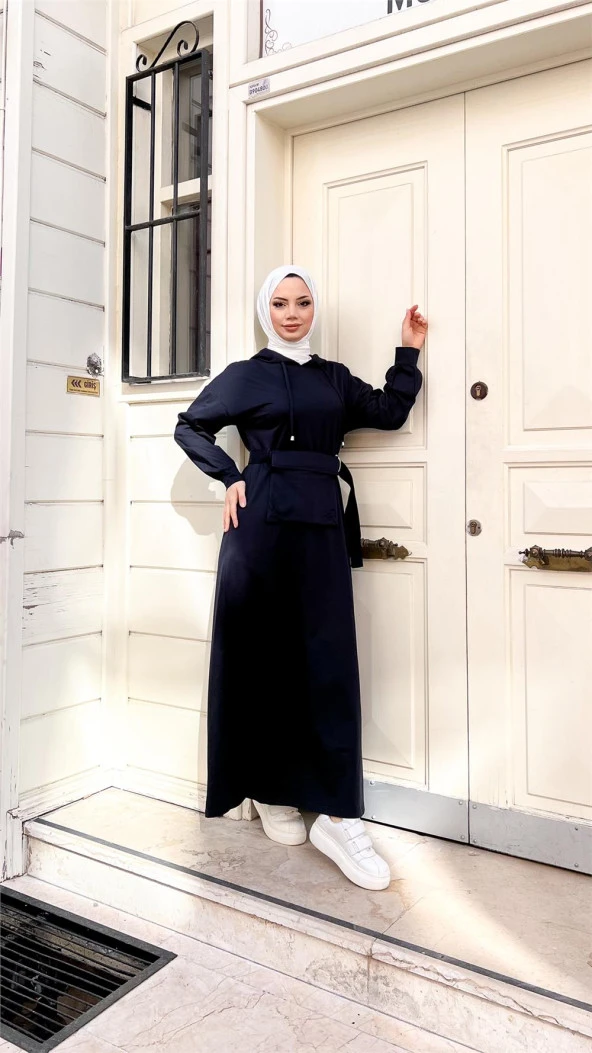 Kapşonlu Seyyar Cepli Pamuklu Elbise - 71169.015 - Lacivert - 12