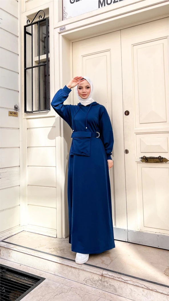 Kapşonlu Seyyar Cepli Pamuklu Elbise - 71169.006 - İndigo - 8