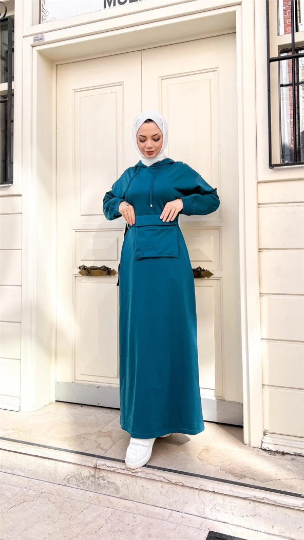 Kapşonlu Seyyar Cepli Pamuklu Elbise - 71169.033 - Petrol - 7