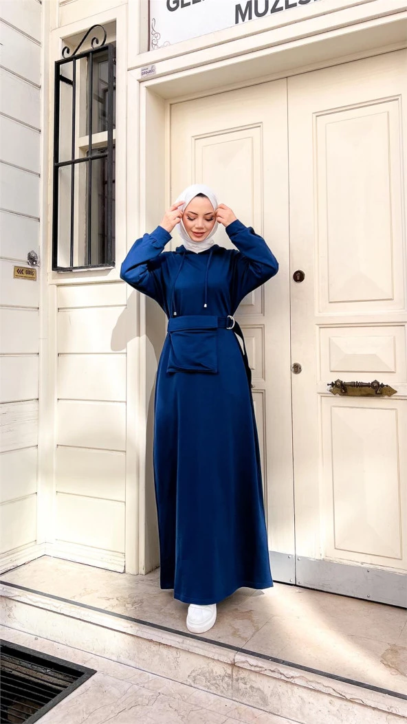 Kapşonlu Seyyar Cepli Pamuklu Elbise - 71169.006 - İndigo - 9