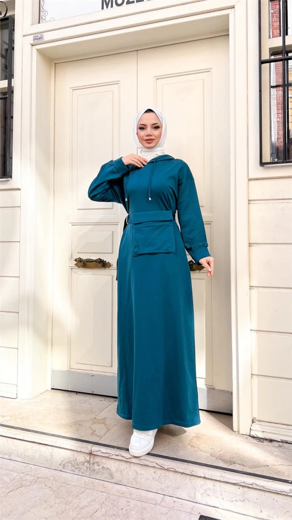 Kapşonlu Seyyar Cepli Pamuklu Elbise - 71169.033 - Petrol - 10