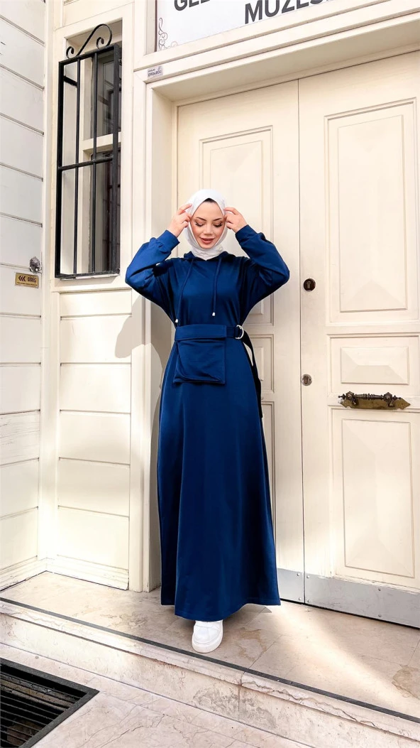 Kapşonlu Seyyar Cepli Pamuklu Elbise - 71169.006 - İndigo - 10