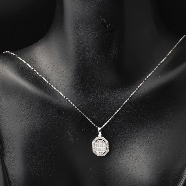 Köşeli 14 Ayar Beyaz Altın Baget Set - Resim 4