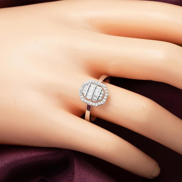 Köşeli 14 Ayar Beyaz Altın Baget Set - Resim 5